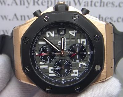 Fake Audemars Piguet Royal Oak Offshore Chronograph Rose Gold Watch - Black Rubber Strap